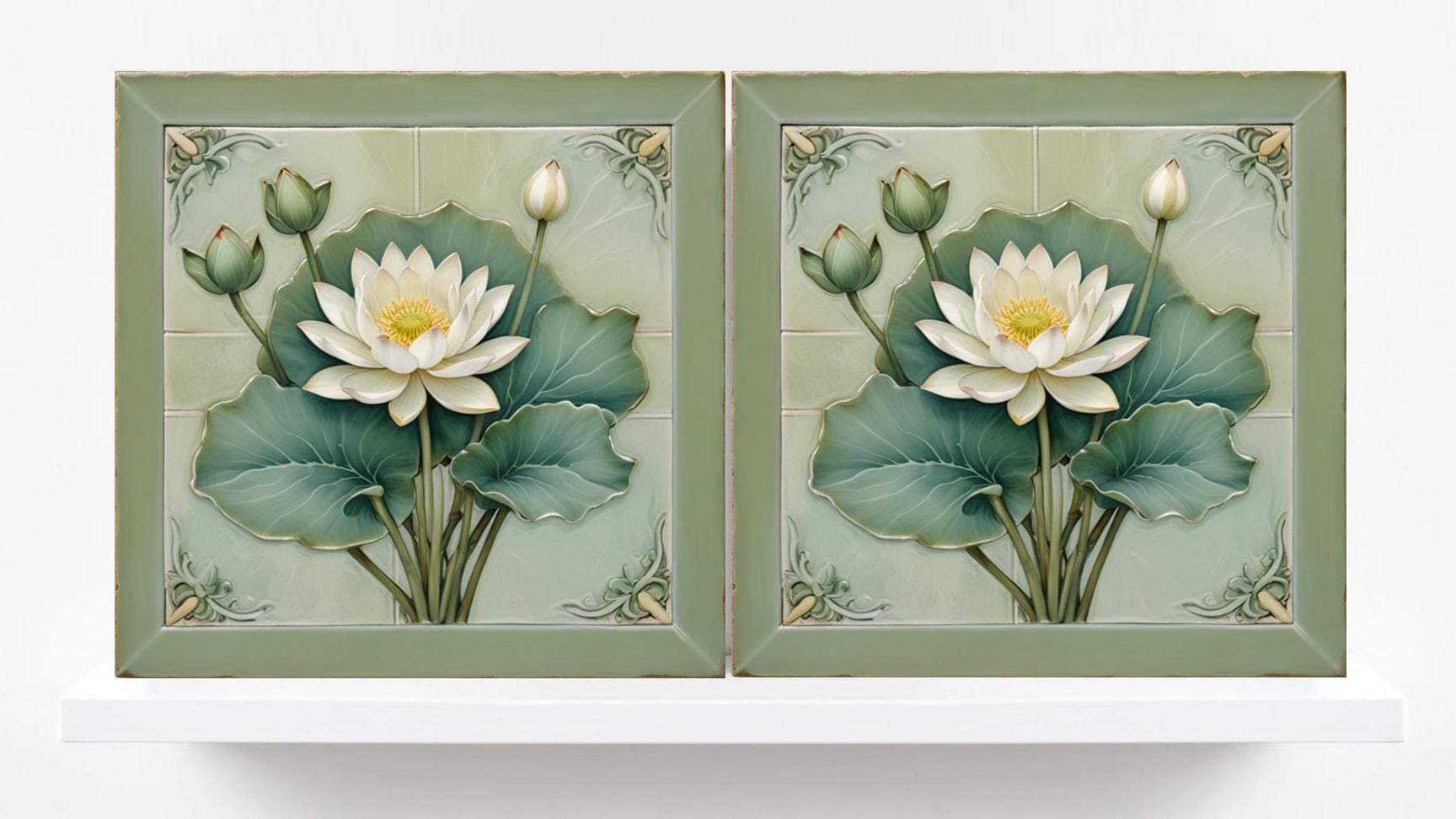 Lotus Tile Art Nouveau Flower Ceramic Tiles - Set of 2 Art Nouveau Green Wall Decor,Kitchen Backsplash,Shower,Bathroom Wall,Sink splashback