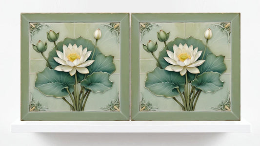 Lotus Tile Art Nouveau Flower Ceramic Tiles - Set of 2 Art Nouveau Green Wall Decor,Kitchen Backsplash,Shower,Bathroom Wall,Sink splashback