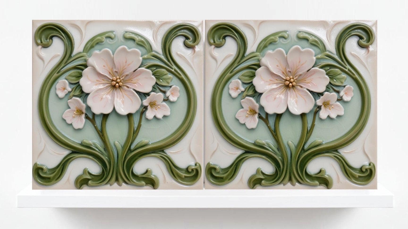 Art Nouveau Flower Ceramic Tiles - Set of 2 Botanical Wall Decor Tiles - Kitchen Backsplash,Shower, Bathroom Wall,Sink Splashback, Fireplace