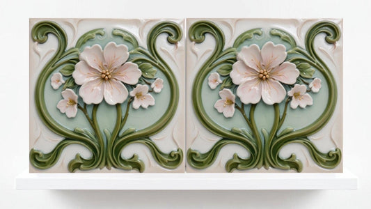 Art Nouveau Flower Ceramic Tiles - Set of 2 Botanical Wall Decor Tiles - Kitchen Backsplash,Shower, Bathroom Wall,Sink Splashback, Fireplace
