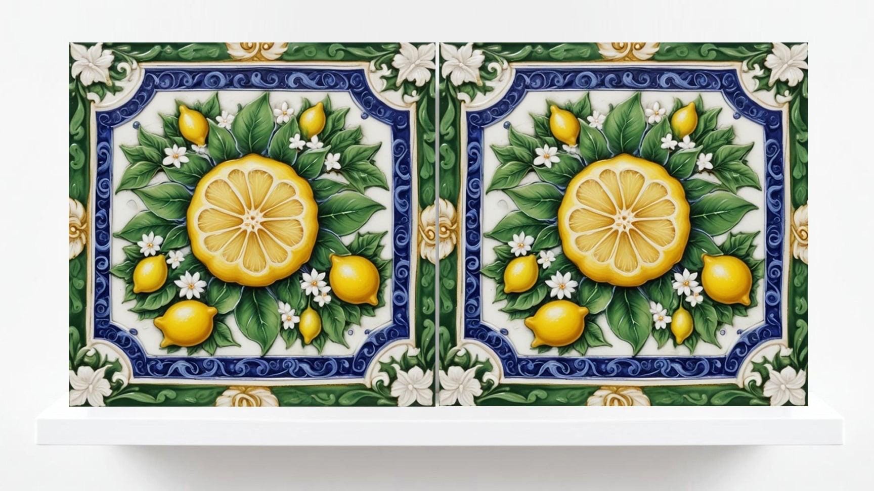 Italian Majolica Lemon Fruit Tiles - Set of 2 Mediterranean Wall Decor -Kitchen Backsplash,Bathroom, Shower Wall,Fireplace,Sink Splashback