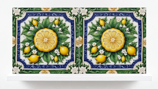 Italian Majolica Lemon Fruit Tiles - Set of 2 Mediterranean Wall Decor -Kitchen Backsplash,Bathroom, Shower Wall,Fireplace,Sink Splashback