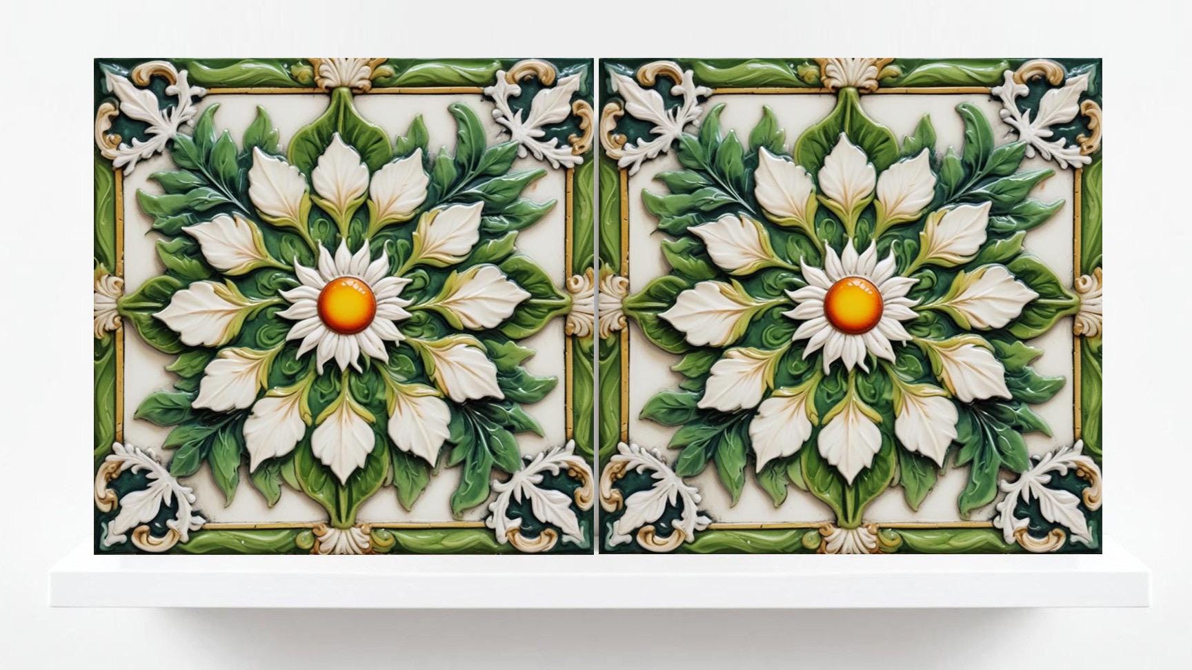 Italian Majolica Tiles Flower -Set of 2 Sicilian Wall Decor Tiles-Kitchen Backsplash Tiles, Sink Splashback,Bathroom,Shower Wall Art,Coaster