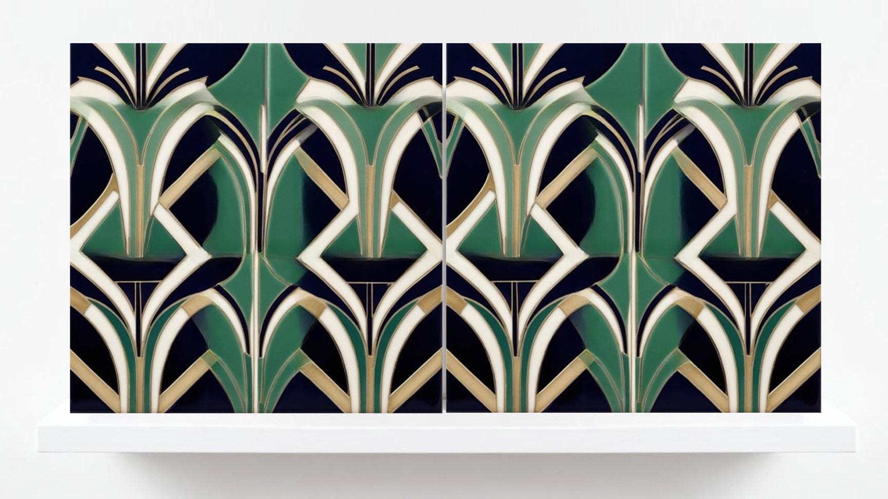 Art Deco Ceramic Tiles Green-Set of 2 Art Deco Wall Decor Geometric Tiles-Kitchen Backsplash, Shower,Bathroom Wall,Sink Splashback,Fireplace