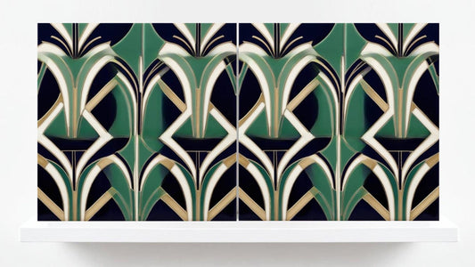 Art Deco Ceramic Tiles Green-Set of 2 Art Deco Wall Decor Geometric Tiles-Kitchen Backsplash, Shower,Bathroom Wall,Sink Splashback,Fireplace