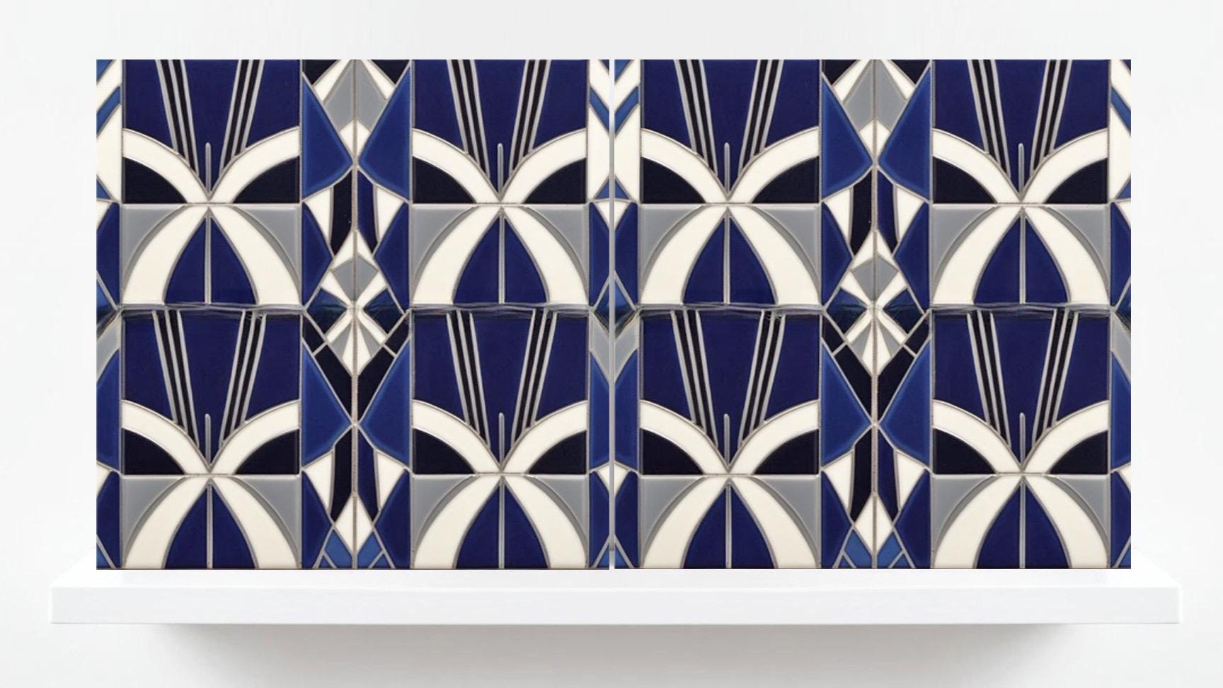 Art Deco Ceramic tiles Blue - Set of 2 Art Deco Wall Decor Geometric Tiles - Kitchen Backsplash , Bathroom, Sink Splashback, Accent Wall Art