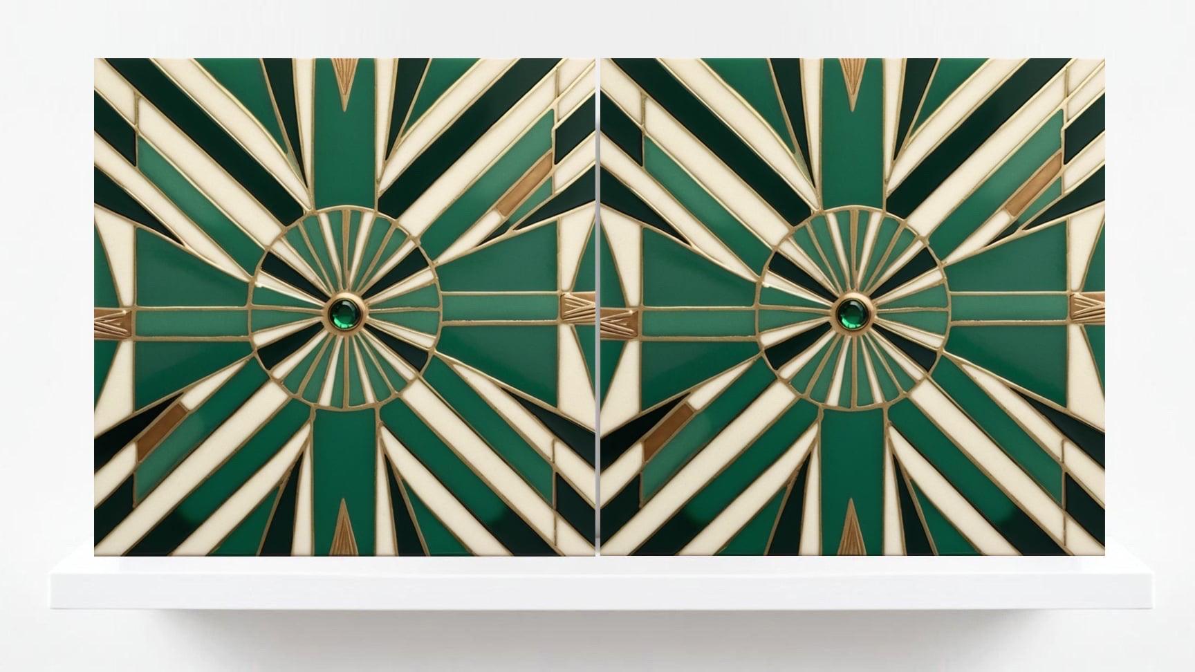 Art Deco Ceramic Tiles Green- Set of 2 Retro Wall Decor Geometric Tiles - Kitchen Backsplash Tiles,Shower, Bathroom Wall,Sink Splashback