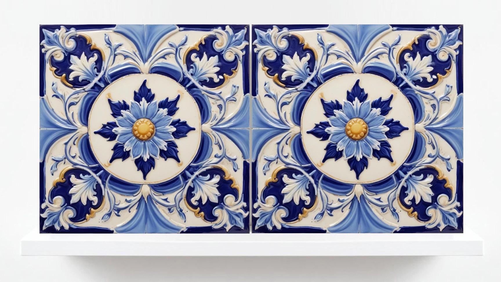Italian Majolica Tiles Flower-Set of 2 Sicilian Wall Decor -Kitchen Backsplash,Sink Splashback,Bathroom,Shower Wall Art,Coaster,Fireplace