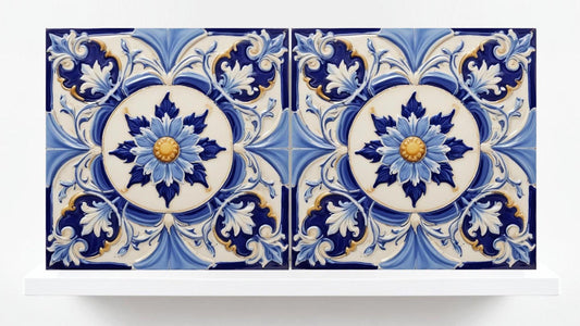 Italian Majolica Tiles Flower-Set of 2 Sicilian Wall Decor -Kitchen Backsplash,Sink Splashback,Bathroom,Shower Wall Art,Coaster,Fireplace