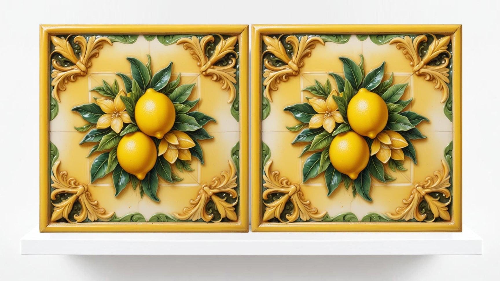 Italian Majolica Lemon Tiles-Set of 2 Fruit Wall Decor Print -Kitchen Backsplash Tiles, Shower,Bathroom,Fireplace, Sink Splashback,Fireplace