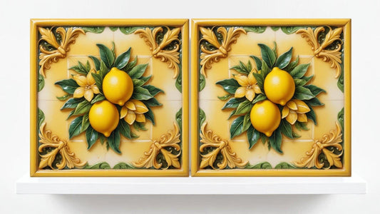 Italian Majolica Lemon Tiles-Set of 2 Fruit Wall Decor Print -Kitchen Backsplash Tiles, Shower,Bathroom,Fireplace, Sink Splashback,Fireplace