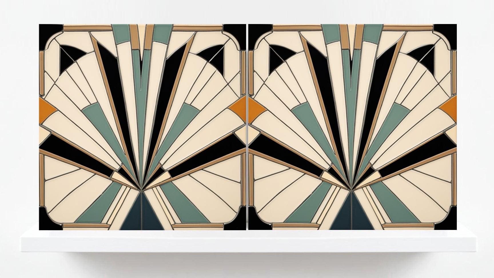 Art Deco Tile Backsplash - Set of 2 Retro Wall Decor Geometric Tiles - Kitchen, Bathroom, Sink Splashback,Shower Wall Art,Fireplace Tiles