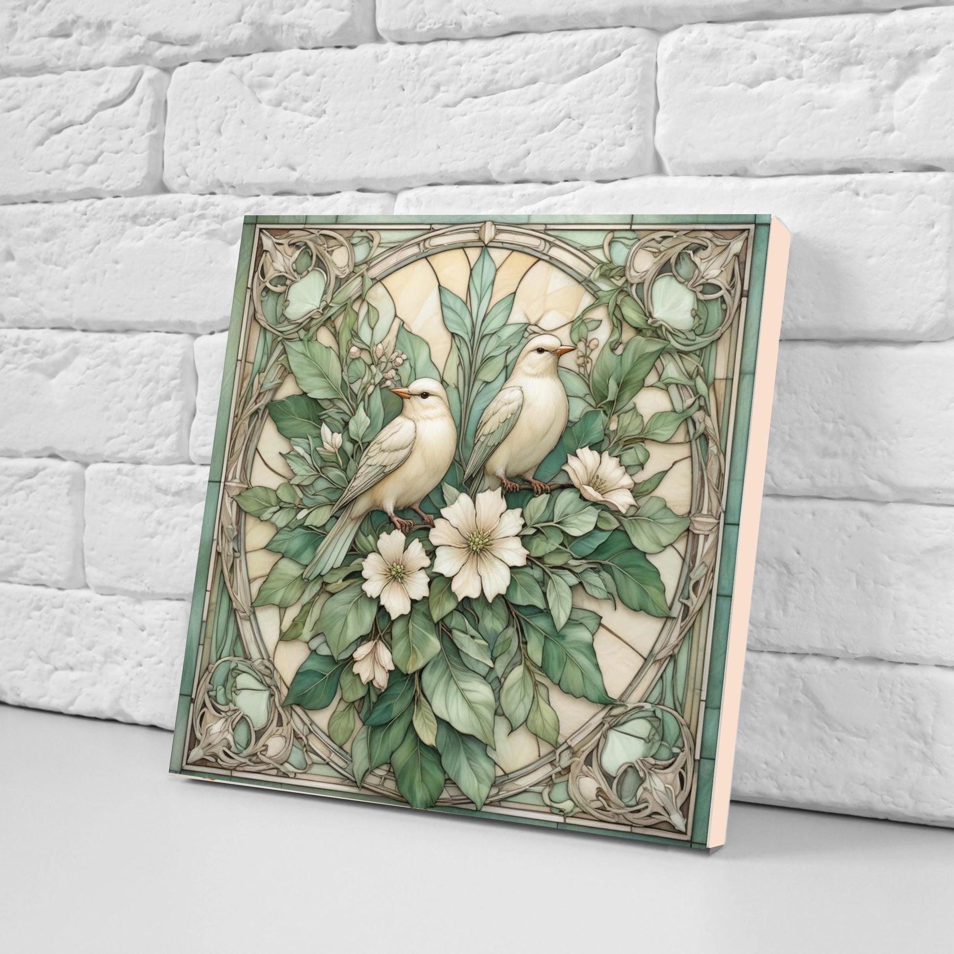Art Nouveau Green Bird and Flower Ceramic tiles -Set of 2 Botanical Tiles Birds Wall Decor ,Birds Tiles -Kitchen Backsplash Tiles,Bathroom