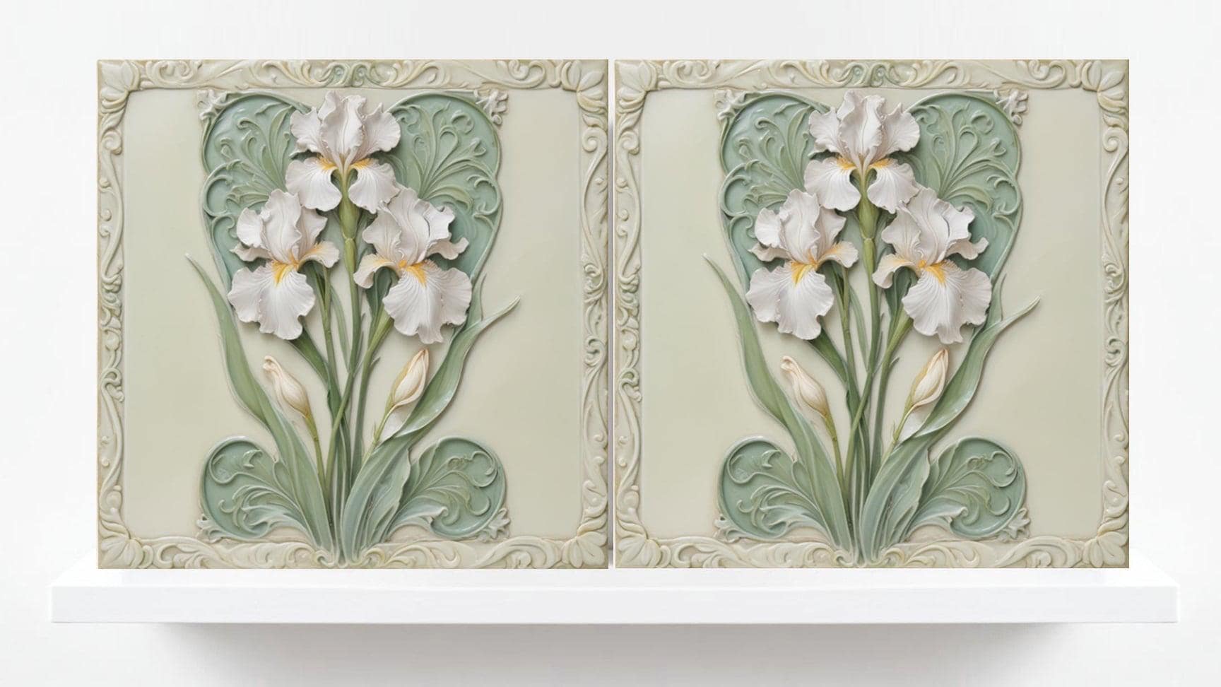 Art Nouveau Flower Ceramic tiles-Set of 2 Botanical Wall Decor-Iris Print,Kitchen Backsplash,Bathroom,Shower Decor,Sink Splashback,Fireplace