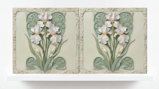 Art Nouveau Flower Ceramic tiles-Set of 2 Botanical Wall Decor-Iris Print,Kitchen Backsplash,Bathroom,Shower Decor,Sink Splashback,Fireplace