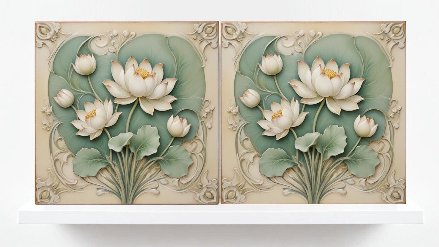 Lotus Tile Green Art Nouveau Flower Ceramic Tiles-Set of 2 Botanical Wall Decor Tiles - Kitchen Backsplash,Shower,Bathroom,Sink Splashback