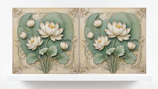Lotus Tile Green Art Nouveau Flower Ceramic Tiles-Set of 2 Botanical Wall Decor Tiles - Kitchen Backsplash,Shower,Bathroom,Sink Splashback