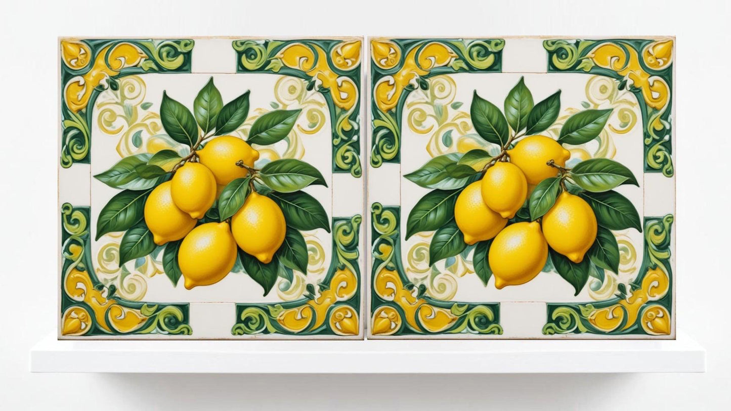 Italian Majolica Lemon Tiles - Set of 2 Mediterranean Wall Decor Fruit Tiles -Kitchen Backsplash,Bathroom,Shower ,Fireplace, Sink Splashback