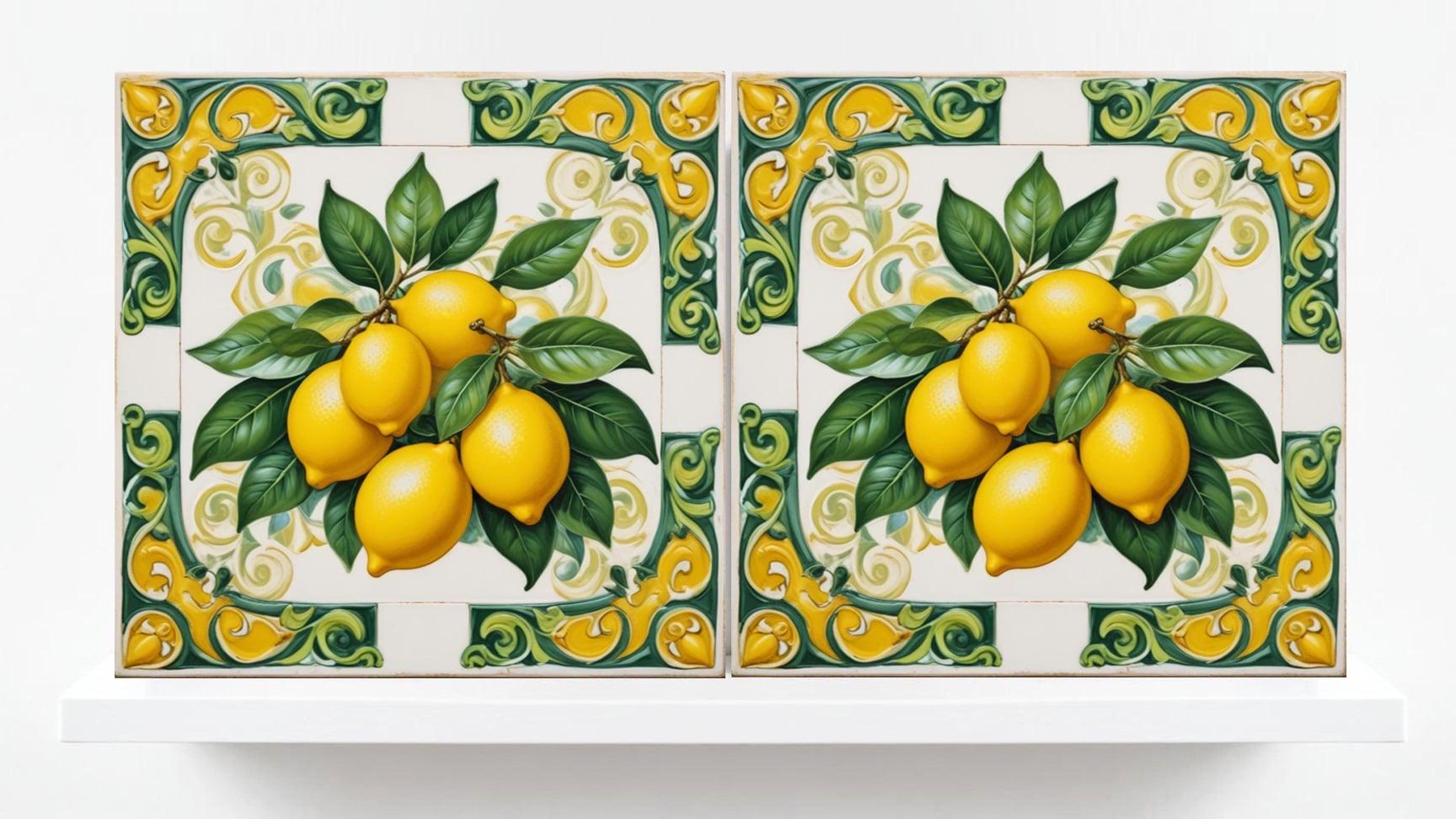 Italian Majolica Lemon Tiles - Set of 2 Mediterranean Wall Decor Fruit Tiles -Kitchen Backsplash,Bathroom,Shower ,Fireplace, Sink Splashback