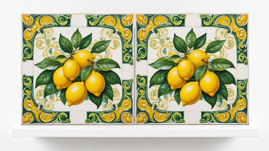 Italian Majolica Lemon Tiles - Set of 2 Mediterranean Wall Decor Fruit Tiles -Kitchen Backsplash,Bathroom,Shower ,Fireplace, Sink Splashback
