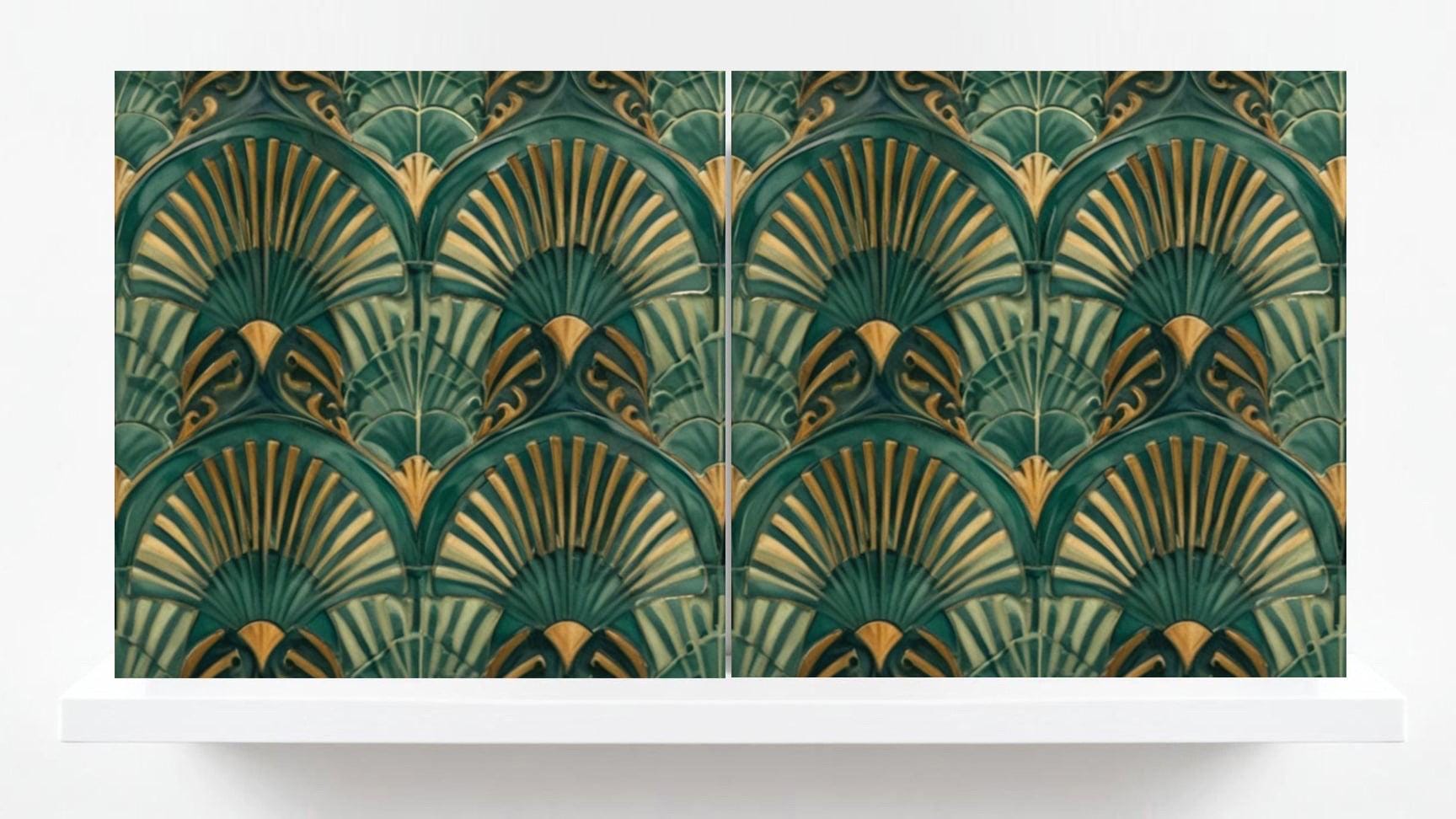 Art Deco Ceramic Tiles Green-Set of 2 Retro Wall Decor Geometric Tiles -Kitchen Backsplash,Shower,Bathroom Wall,Sink Splashback,Fireplace