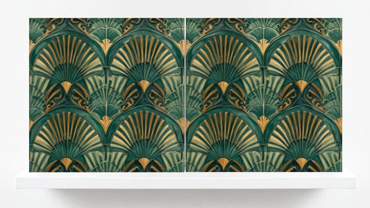 Art Deco Ceramic Tiles Green-Set of 2 Retro Wall Decor Geometric Tiles -Kitchen Backsplash,Shower,Bathroom Wall,Sink Splashback,Fireplace