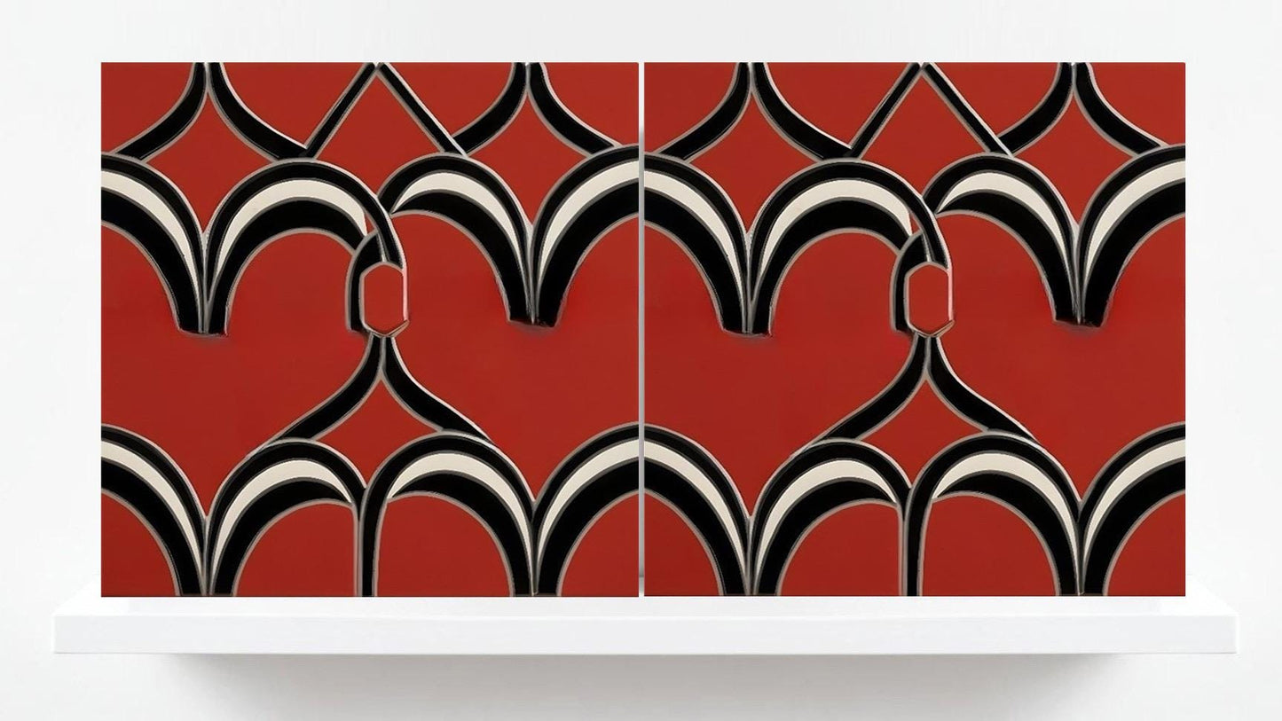 Art Deco Ceramic Tiles Red - Set of 2 Art Deco Wall Decor Geometric Tiles -Kitchen Backsplash,Shower,Bathroom Wall,Fireplace,Sink Splashback