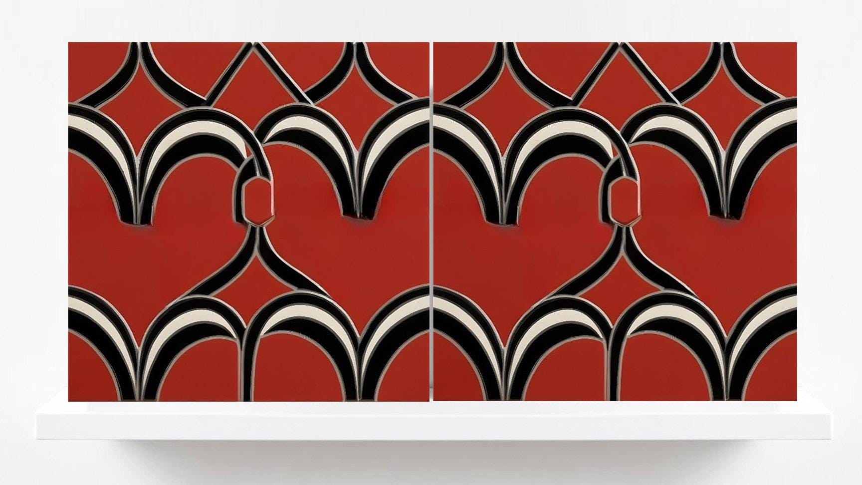 Art Deco Ceramic Tiles Red - Set of 2 Art Deco Wall Decor Geometric Tiles -Kitchen Backsplash,Shower,Bathroom Wall,Fireplace,Sink Splashback