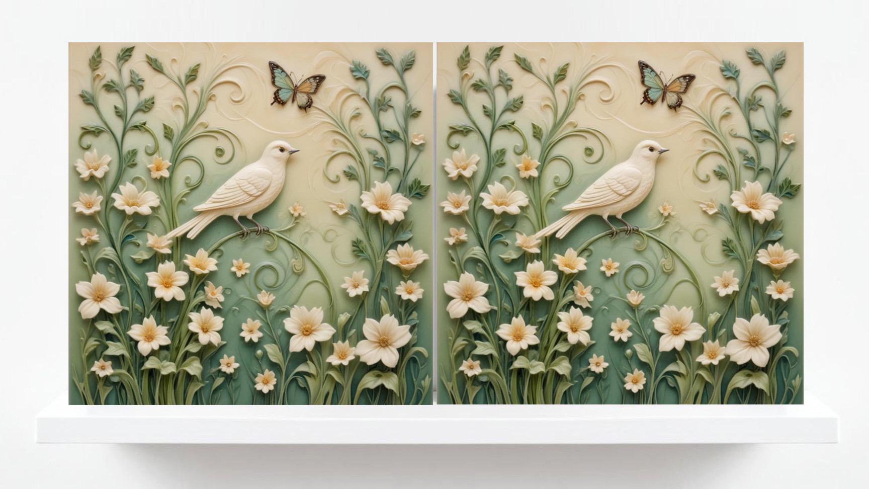 Art Nouveau Bird and Flower Ceramic tiles-Set of 2 Art Nouveau Bird Wall Decor Tiles,Bird Tiles-Kitchen Backsplash Bathroom,Shower,Fireplace