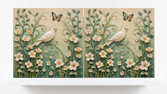 Art Nouveau Bird and Flower Ceramic tiles-Set of 2 Art Nouveau Bird Wall Decor Tiles,Bird Tiles-Kitchen Backsplash Bathroom,Shower,Fireplace