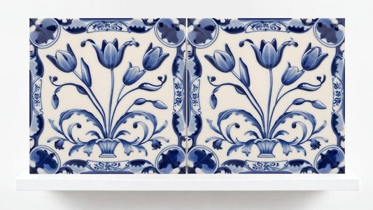 Delft Tulip Tile - Delft Blue Tile - Set of 2 Ceramic Delftware Tiles- Flower Tiles - Delft Prints Wall - Kitchen Backsplash, Sink,Bathroom