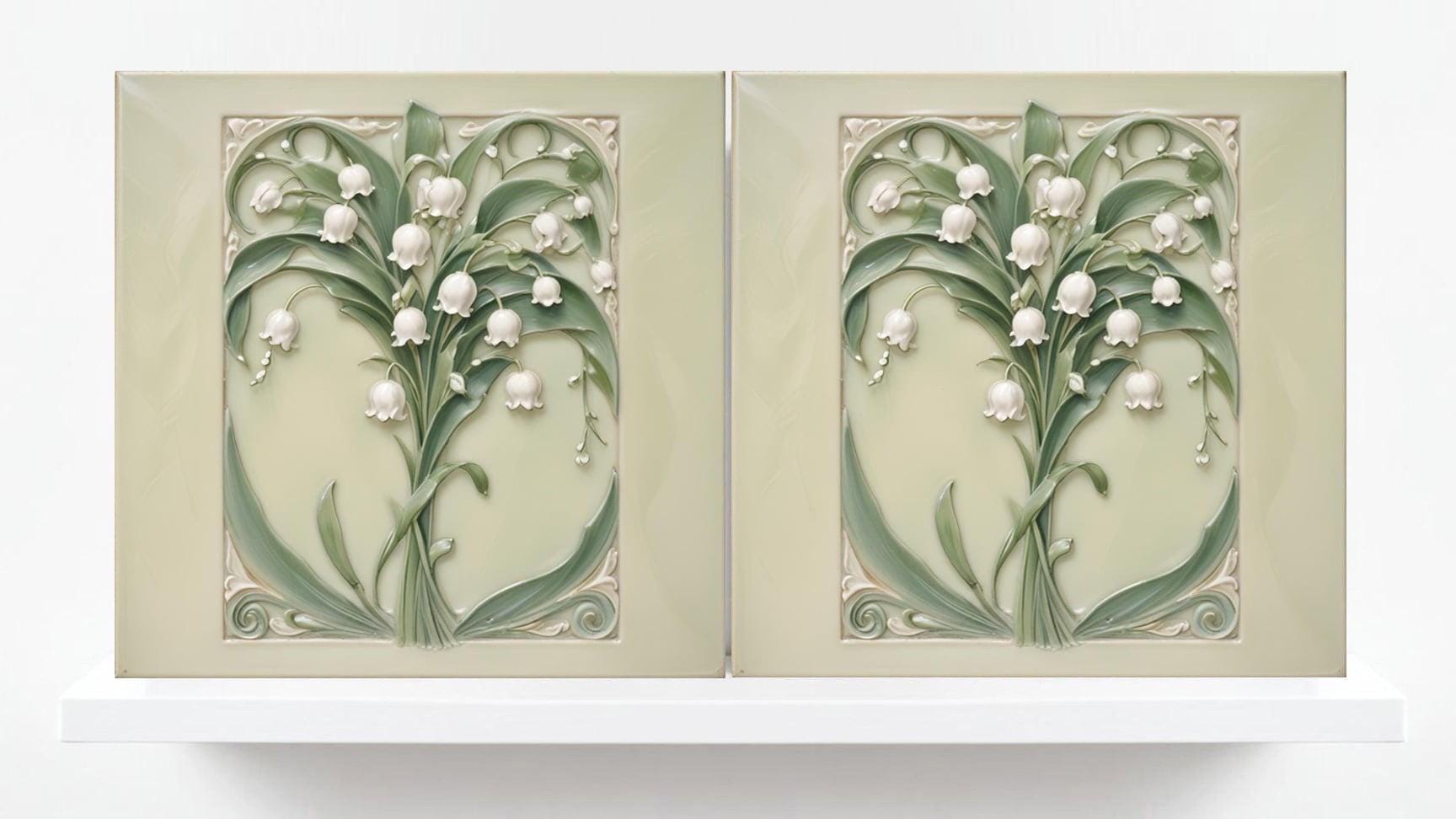 Lily of the Valley Tile Flower Ceramic Tiles - Set of 2 Art Nouveau Wall Decor, Kitchen Backsplash ,Shower, Bathroom Wall ,Sink Splashback
