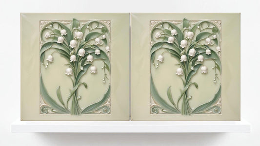 Lily of the Valley Tile Flower Ceramic Tiles - Set of 2 Art Nouveau Wall Decor, Kitchen Backsplash ,Shower, Bathroom Wall ,Sink Splashback