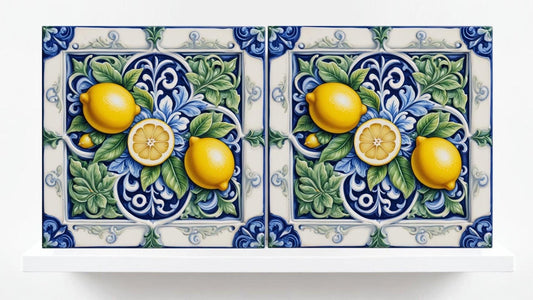 Italian Majolica Lemon Fruit Tiles - Set of 2 Mediterranean Wall Art Decor-Kitchen Backsplash,Bathroom,Shower Wall,Fireplace,Sink Splashback
