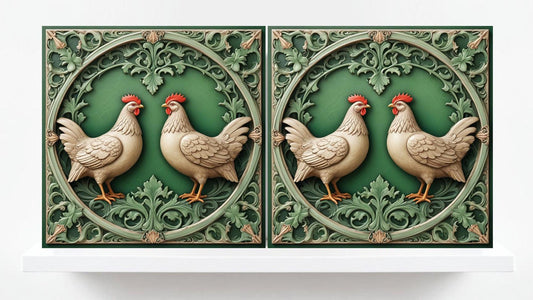 Art Nouveau Green Bird Ceramic tiles - Set of 2 Art Nouveau Hen Wall Decor Chicken Tiles,Kitchen Backsplash,Bathroom,Shower Wall,Fireplace