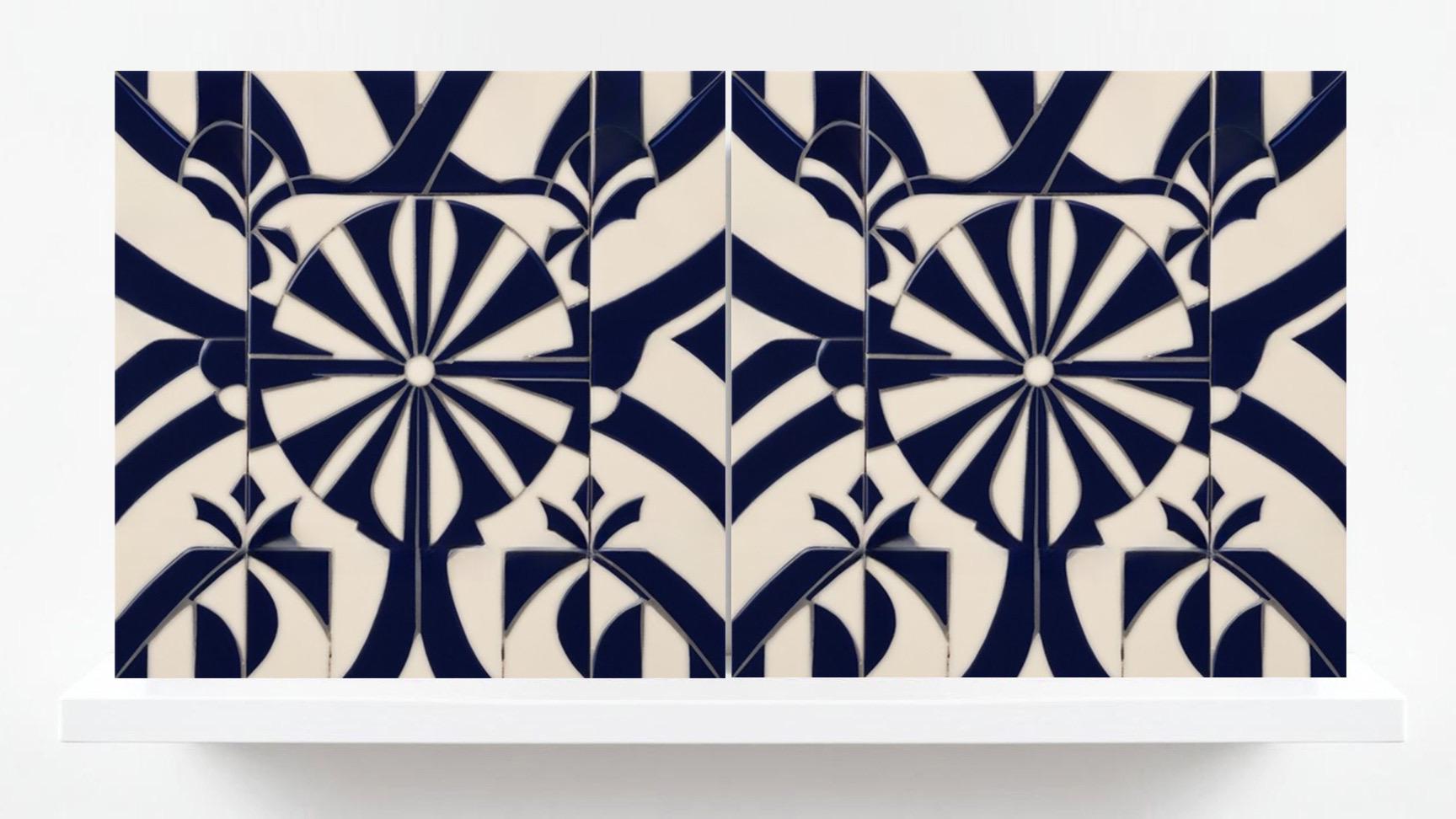 Art Deco Ceramic tiles Blue - Set of 2 Art Deco Wall Decor Geometric Tiles - Kitchen Backsplash , Bathroom, Sink Splashback, Accent Wall Art