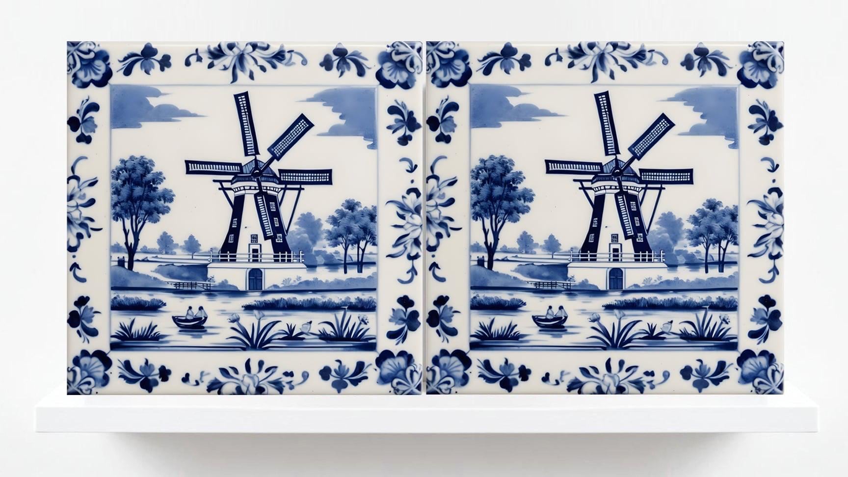 Delft Windmill Blue Ceramic Tile - Set of 2 Delftware Tiles-Delft Blue Ceramic Windmills - Delft Prints- Kitchen Backsplash,Sink,Bathroom