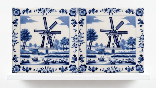 Delft Windmill Blue Ceramic Tile - Set of 2 Delftware Tiles-Delft Blue Ceramic Windmills - Delft Prints- Kitchen Backsplash,Sink,Bathroom