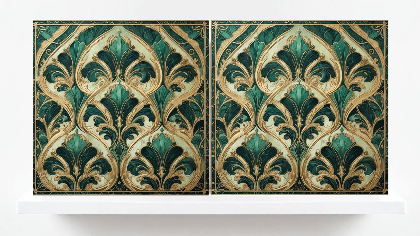 Art Deco Ceramic Tiles Green-Set of 2 Art Deco Wall Decor Geometric Tiles -Kitchen Backsplash,Shower,Bathroom Wall,Sink Splashback,Fireplace