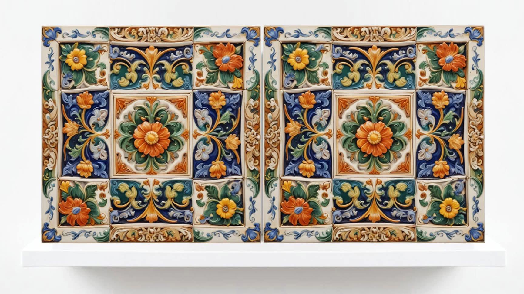 Italian Majolica Tiles - Set of 2 Sicilian Wall Decor Tile - Kitchen Backsplash, Sink Splashback,Bathroom,Shower Wall Art,Fireplace,Coaster