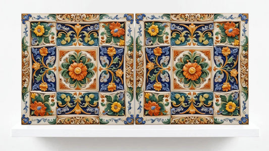Italian Majolica Tiles - Set of 2 Sicilian Wall Decor Tile - Kitchen Backsplash, Sink Splashback,Bathroom,Shower Wall Art,Fireplace,Coaster