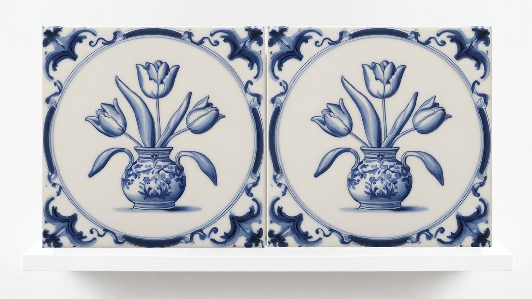 Delft Tulip Tile - Delft Blue Tile - Set of 2 Ceramic Delftware Tiles- Flower Tiles - Delft Prints Wall - Kitchen Backsplash, Sink,Bathroom
