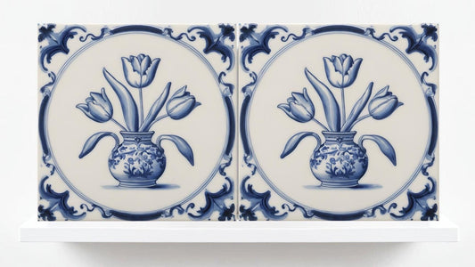 Delft Tulip Tile - Delft Blue Tile - Set of 2 Ceramic Delftware Tiles- Flower Tiles - Delft Prints Wall - Kitchen Backsplash, Sink,Bathroom