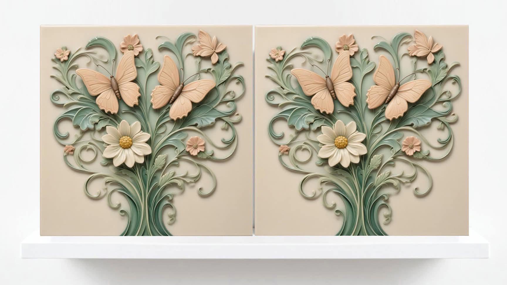 Butterfly Tile - Set of 2 Green Art Nouveau Botanical Tiles Wall Decor print -Kitchen Backsplash,Bathroom, Shower,Sink Splashback,Fireplace