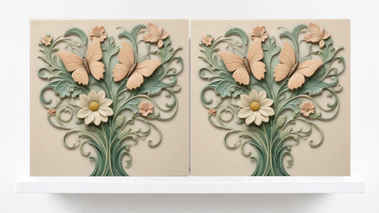 Butterfly Tile - Set of 2 Green Art Nouveau Botanical Tiles Wall Decor print -Kitchen Backsplash,Bathroom, Shower,Sink Splashback,Fireplace