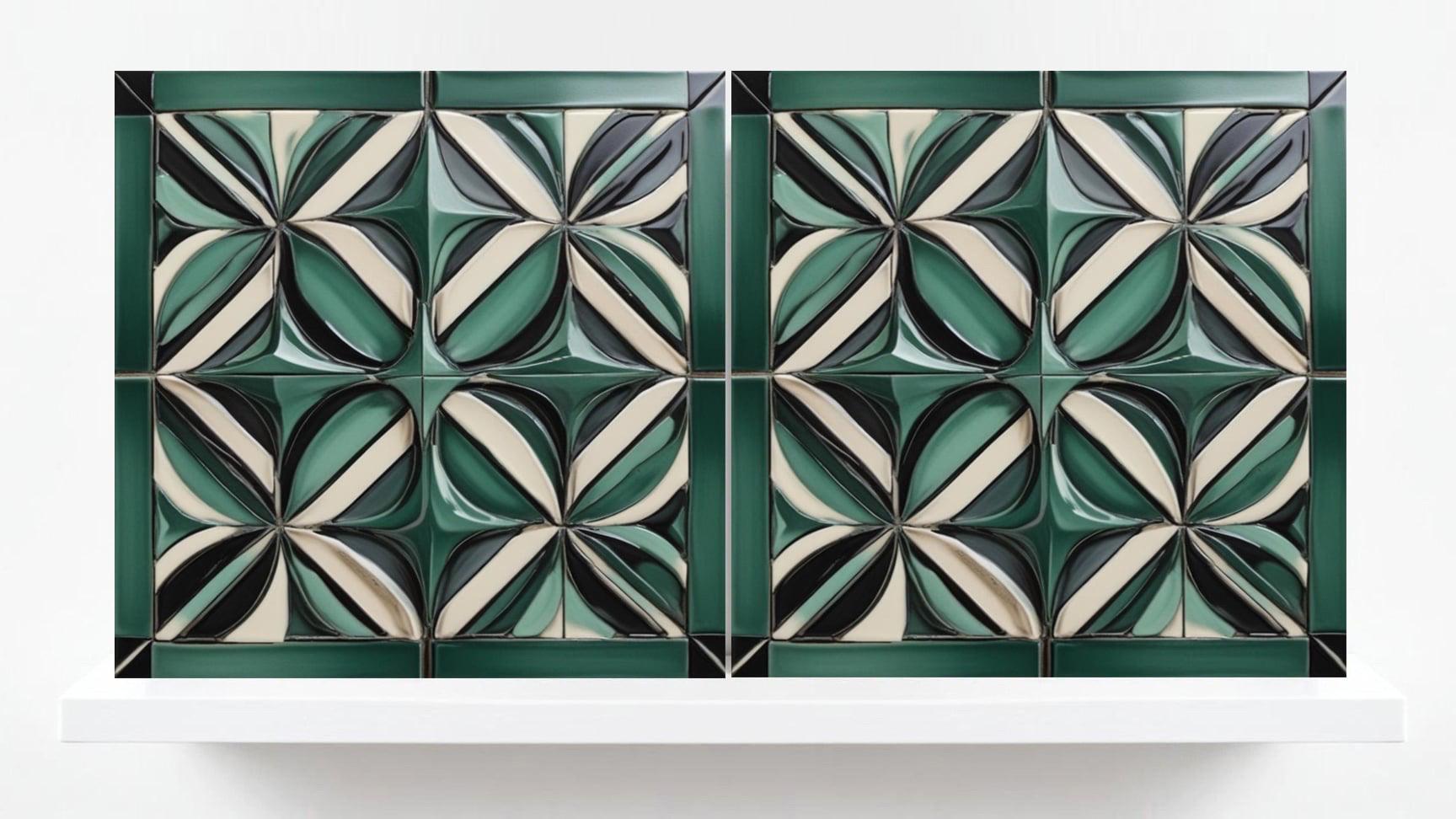Art Deco Ceramic Tiles Green-Set of 2 Art Deco Wall Decor Geometric Tiles-Kitchen Backsplash,Sink Splashback,Bathroom, Shower Wall,Fireplace