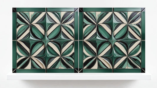 Art Deco Ceramic Tiles Green-Set of 2 Art Deco Wall Decor Geometric Tiles-Kitchen Backsplash,Sink Splashback,Bathroom, Shower Wall,Fireplace