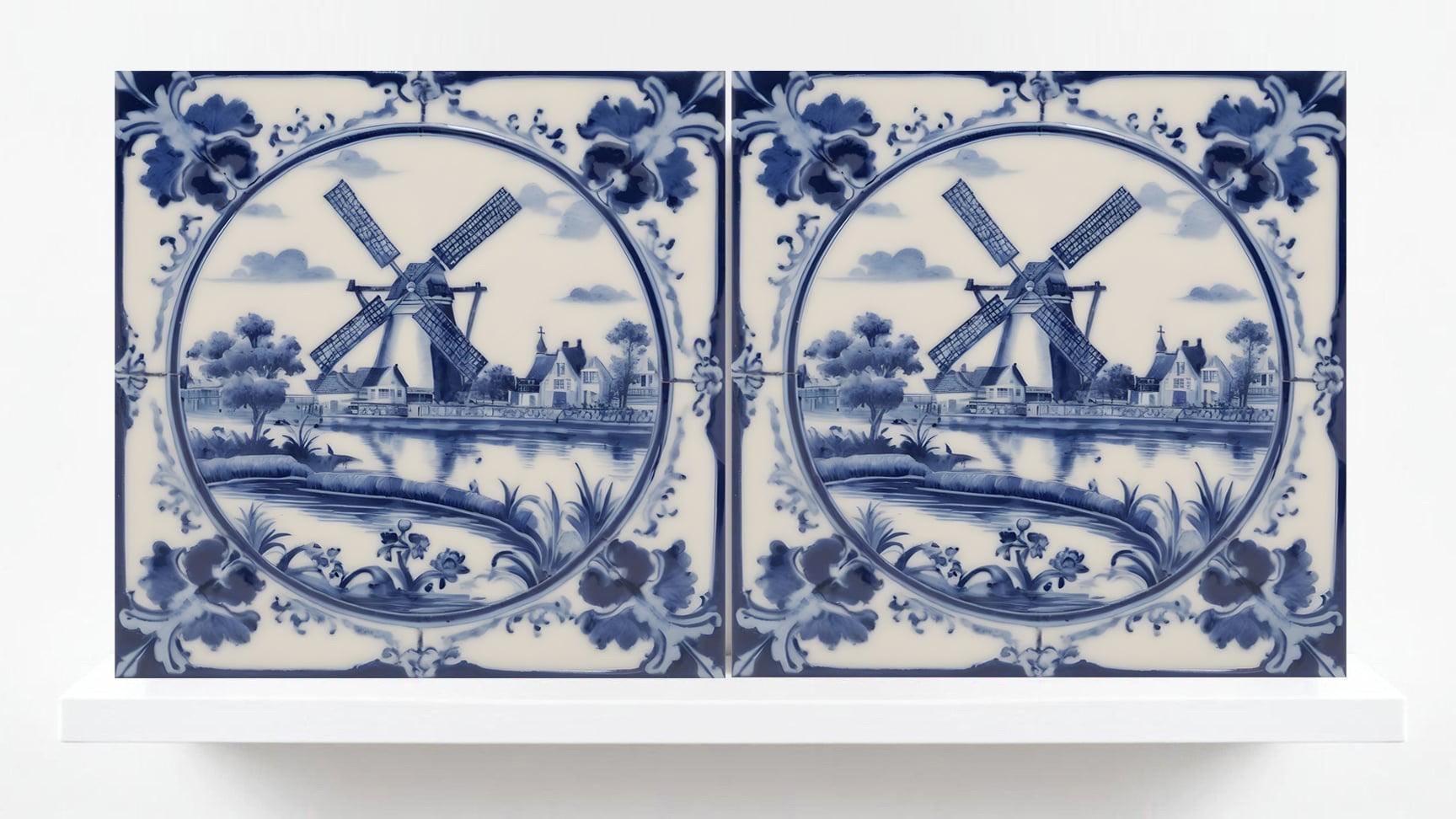 Delft Windmill Blue Ceramic Tile - Set of 2 Delftware Tiles-Delft Blue Ceramic Windmills - Delft Prints- Kitchen Backsplash,Sink,Bathroom