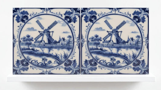 Delft Windmill Blue Ceramic Tile - Set of 2 Delftware Tiles-Delft Blue Ceramic Windmills - Delft Prints- Kitchen Backsplash,Sink,Bathroom