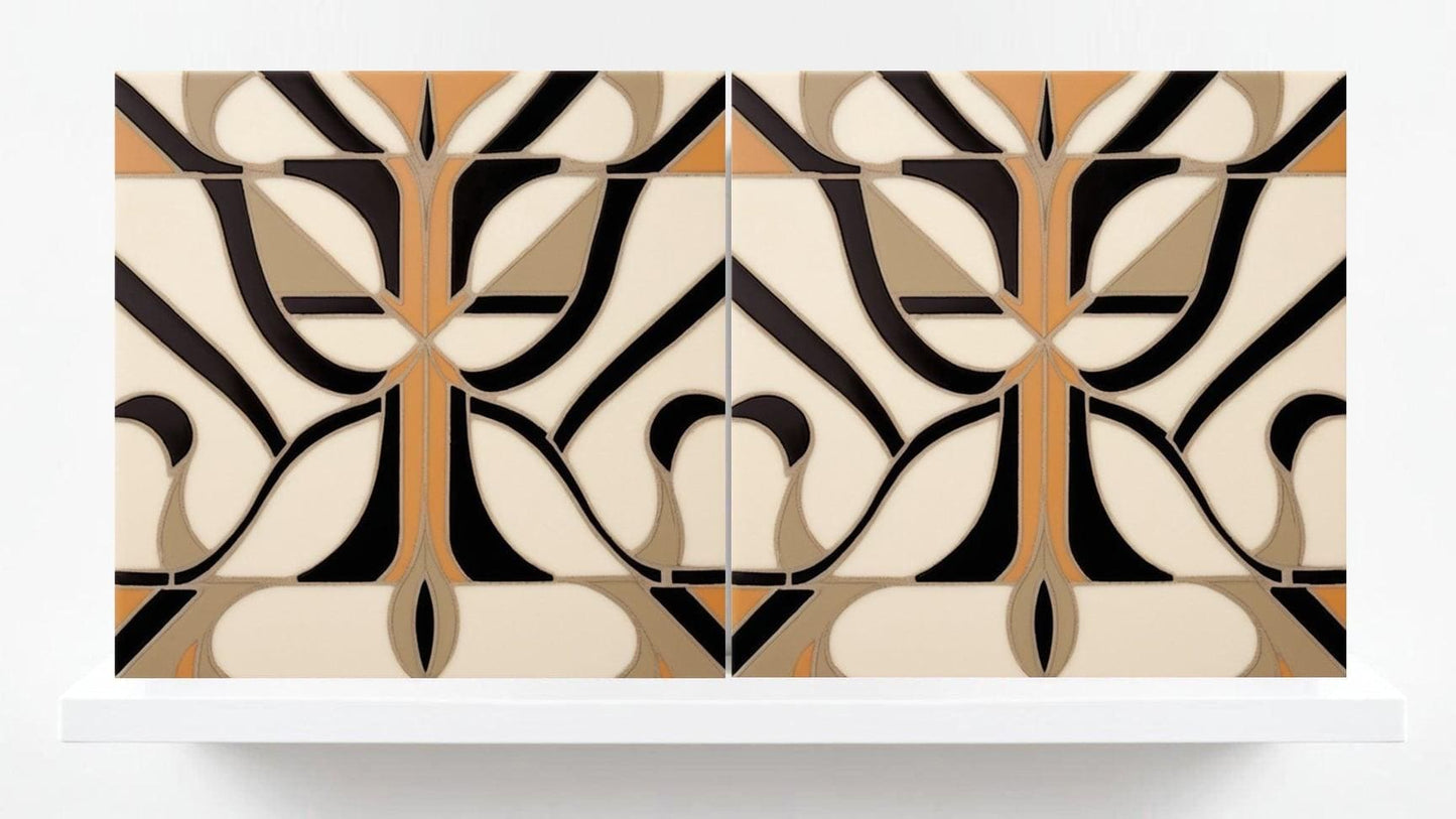 Art Deco Tile Ceramic Brown - Set of 2 Art Deco Tiles Print Wall Decor Geometric Tiles - Kitchen Backsplash,Bathroom,Shower,Sink Splashback